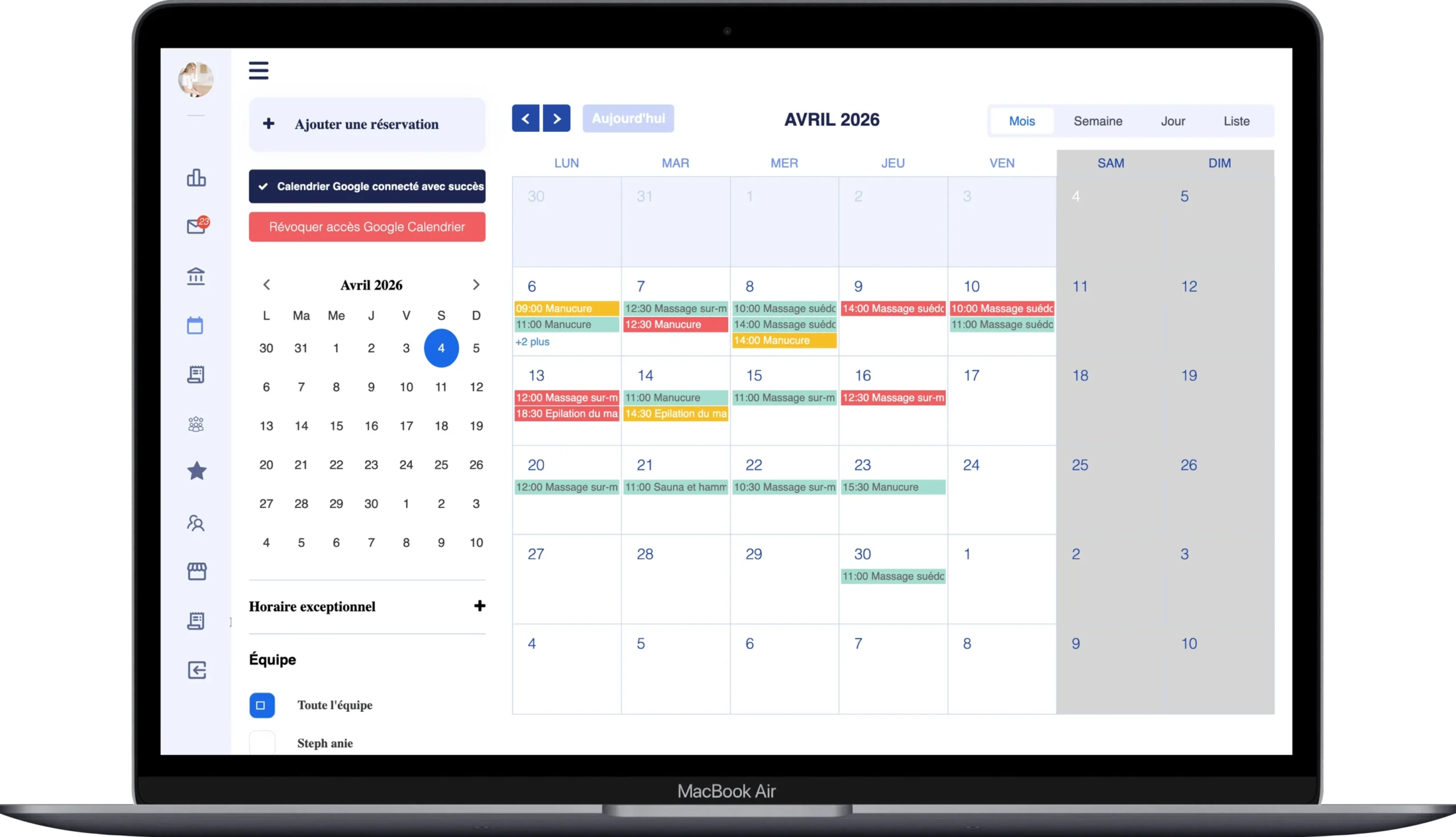 Interface du logiciel Konfian pour la gestion des rendez-vous d'un institut de beauté