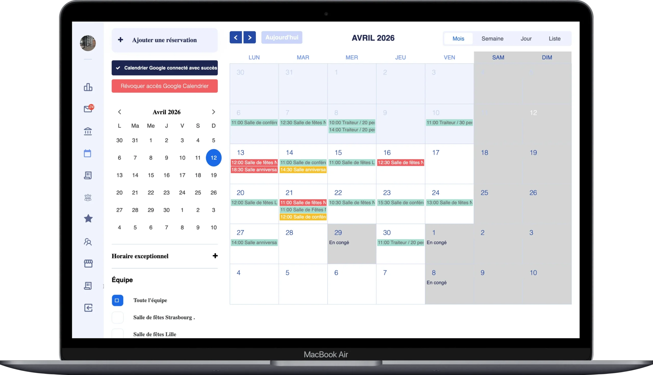 Interface du logiciel de gestion salle de fêtes Konfian – planning réservations événementielles